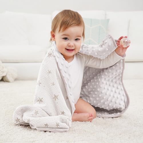 Image of Susurration Baby Blanket for Unisex Boys Girls, 2 Pack Soft Fluffy Crib Blankets with Muslin Cotton Front and Dotted Fleece Back, Receiving Blanket for Baby Newborn Infant, 30x40inch, Beige Star&Grey