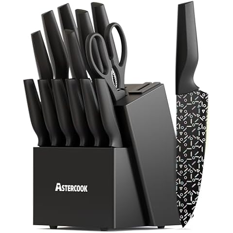 Astercook Knife Set, 15 Pieces Kitchen knives Set with Built-in Sharpener, High Carbon German Stainless Steel Knife Block Sets, Dishwasher Safe, Black Cover