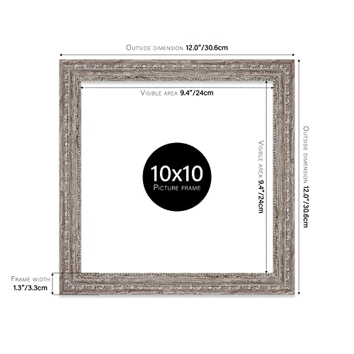 Almost Frameless 10x10 Walnut Ornate Picture Frame 10"x10"(25.4x25.4cm) Poster, Photo, Artwork, or Print. Antique Style Portrait and Landscape Display with Wall Hooks