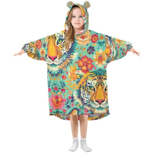 SKYSHU Tiger - Manta con capucha para niños, manta de gran tamaño suave y acogedora con bolsillo, Tigre, M(height 120-150cm)