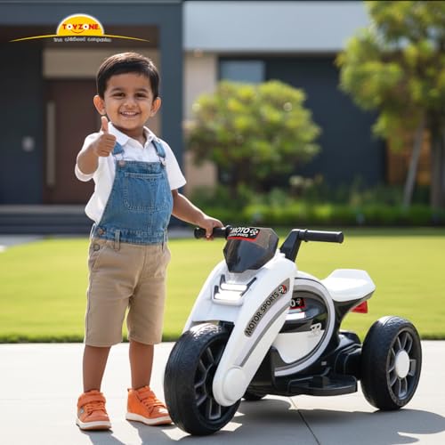 Image of Toyzone Moto Electric Bike (White) | 6V Rechargeable Bike with 4.5Ah Battery | LED Lights, Built in Music | Smooth Acceleration | 6M Battery Warranty | Age 2-8 Years, Upto 35 kg
