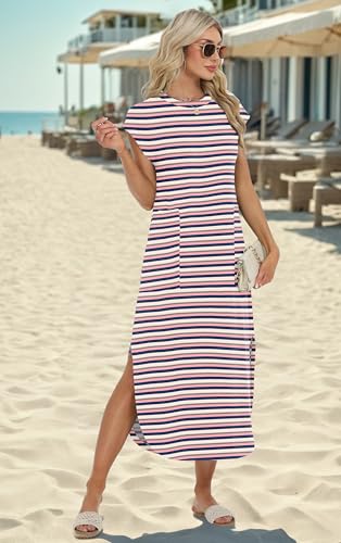 Image of HiMONE Beach Vacation Dresses for Women 2025 Sundress Cap Sleeves Casual Maxi Beach Dress with Pockets XS-2XL