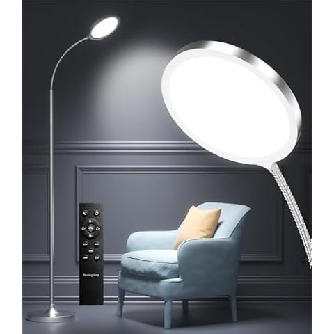 Tenmiro Led Floor Lamp,Super Bright Dimmable Custom Color Temperature Standing Lamp with Remote and Touch Control, Adjustable Gooseneck Reading Floor Lamp for for Living Room Bedroom Office（Silver） Cover
