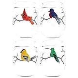 Bird Glassware Set of 4 Stemless Wine Glasses, Cardinal, Bluebird, Yellow Finch, Hummingbird Glass...
