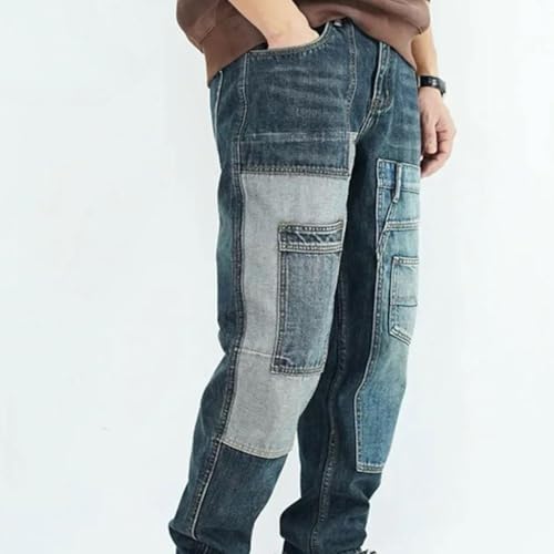 Men’S High Street Heavy Duty Color Block Loose Fit Wide Leg Denim Pants Zipper Fly Midweight Multi Pocket Full Length Jeans2