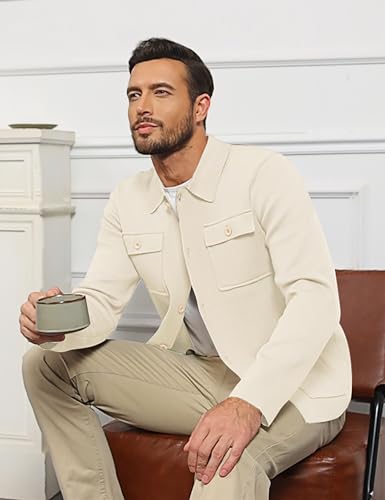 Atforna Men'S Cardigan Sweater Casual Chunky Knit Multi-Pocket Lapel Collar Button Down Long Sleeve Sweater Fall Winter 2024 Sweater Beige L thumb #3