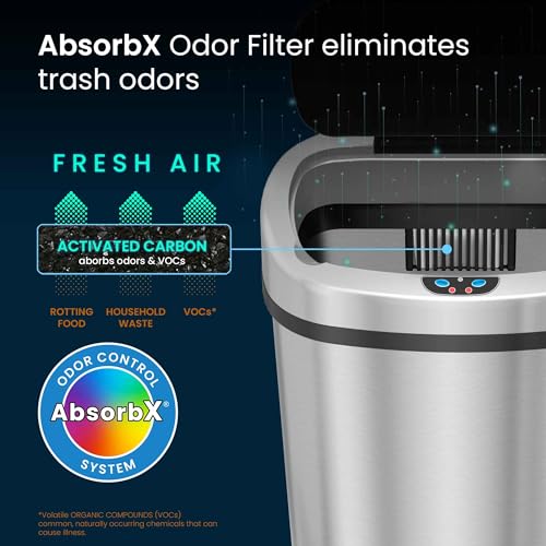 iTouchless SensorCan 13 Gallon Kitchen Trash Can with Odor Filter, Stainless Steel Oval Automatic Trashcan for Home Office Bedroom Living Room Garage Large Capacity Slim Space-Saving Bin