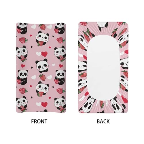 Image of Strawberry Panda Changing Pad Cover for Baby Girls Pink Diaper Change Table Covers Soft Stretchy Changing Mat Sheets Cover