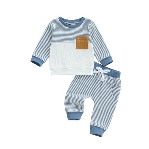 Image of Sreakeio Toddler Baby Boys Fall Outfits Infant Long Sleeve Waffle Knit Clothing Sets 2pcs Color Block Winter Clothes