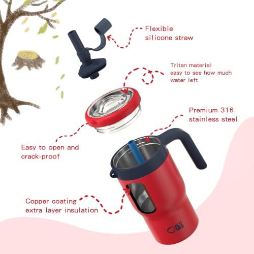 Image of OISIZ 14oz Kids Tumbler with Straw Lid & Handle,Kids Cup with Animal Accessory for School,Kids Water Bottles with Dust-proof Cover,Leakproof Water Bottles,316 Stainless Steel,Keep Cold 24 Hours-red