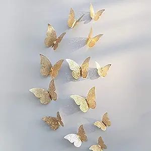 Xtore 12pcs 3D Home Decor Butterfly with Sticking Pad (Shimmer Golden, Set of 12)