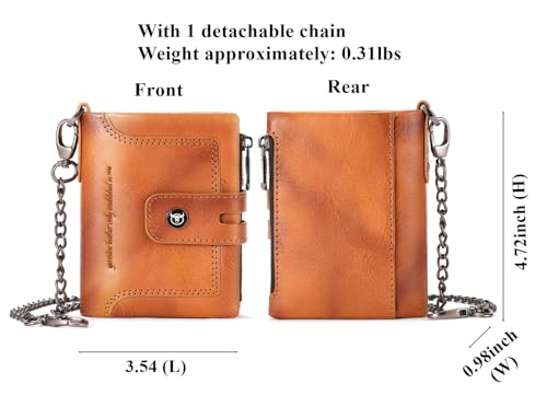 BULLCAPTAIN Bifold Mens Wallet with Chain Genuine Leather RFID Blocking Wallets Removable Zipper Coin Purse with ID Window (yellowish brown)2