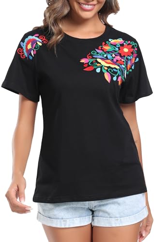 Women's Mexican Shirts Embroidered Tops Floral Tunic Summer T Shirt Short Sleeve Top Cotton Peasant Blouse2
