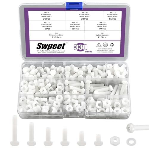 Swpeet 330Pcs 6 Größen M6 Weiß Nylon Pan Runde Kopf Schrauben mit Sechskantmuttern und Dichtungen Sortiment Kit, Nylon Phillips Cross Pan Runde Kopf Schraube, Länge 8/10/12/15/20/25mm