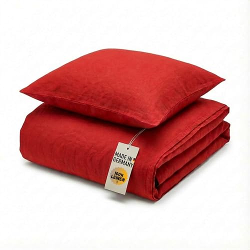 chambry Premium Bettwäsche 100 % Leinen - handgefertigt in Deutschland - atmungsaktiv temperaturausgleichend bügelfrei - Bettbezug 135x200cm + Kissenbezug 80x80cm - Rot