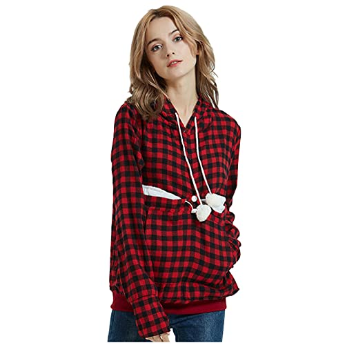 OCCOKO Suéter con Capucha de Mascota Suelta de Lana de otoño e Invierno para Mujer Sudadera a Cuadros con Bolsillo Grande Chaqueta (Red, XXXXL)