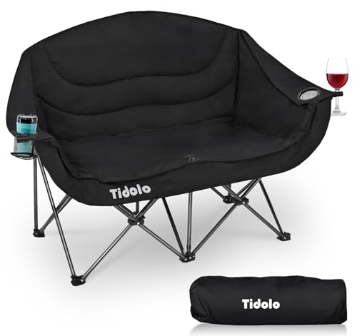 Double Camping Chairs, Oversized Loveseat Camping Chairs for Adults, Outdoor Folding Chairs Lawn Chairs Camping Couch with Cup Holder & Wine Glass Holder for Outside - Support 600Lbs (Black)