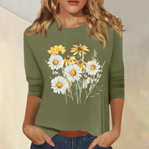 HTHLVMD Womens 3/4 Length Sleeve Tops 2025 Fall Fashion Floral Print Crewneck Causal Trendy Tunic Tops for Women