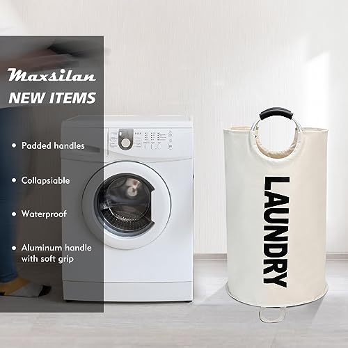 Maxsilan 90L Large Laundry Basket, Freestanding Tall Clothes Hamper, Collapsible Laundry Bag, Beige - Cosy Home Interiors Maxsilan 90L Large Laundry Basket, Freestanding Tall Clothes Hamper, Collapsible Laundry Bag, Beige - Image 2
