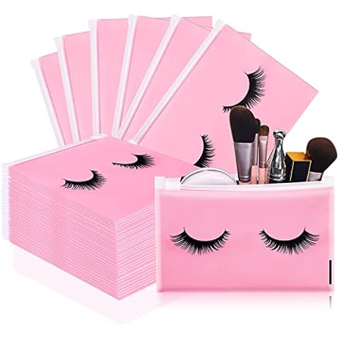 Noverlife 100PCS Eyelash Bags, Eyelash Aftercare Bags, Cosmetic Bags Packaging with Small Zipper, Empty Lash Makeup Storage Bags Pouches Women Girls Travel Pouch Cases -- Pink 6 x 4 Inch Cover