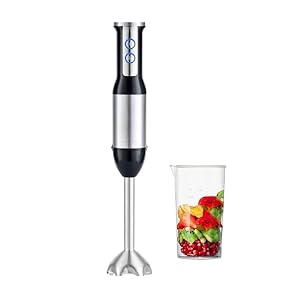 UBOON - Batidora de Mano 2 Velocidades 600W Cuchillas de Acero Inoxidable Mango Ergonómica Batidora de Vaso 500ml Pie Desmontable Material de Acero Inoxidable