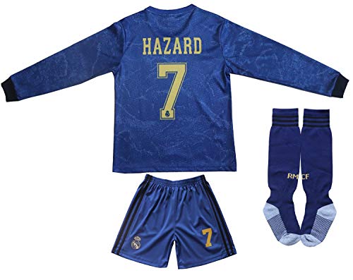 SecenMerch 2019/2020 New Hazard No #7 Real Madrid Away Kids Long Sleeve Soccer Jersey Kit Shorts Socks Set Youth Sizes (Away, 24 (6-7 Years))