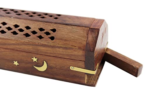Cotton Craft 20198 Sheesham Wood Incense Burner - Handmade Coffin Style Sun And Moon Inlay Incense Holder - Aromatherapy Room Freshener Cone Incense Stick Burner Ash Catcher thumb #3