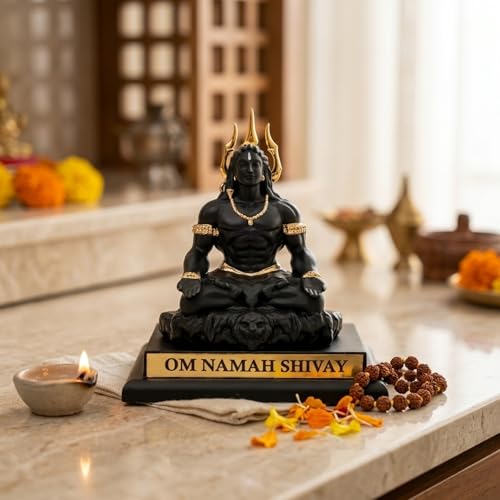 Image of eCraftIndia Adiyogi Lord Shiva Idol with Gold Plated Trishul | Om Namah Shivay Murti for Home Decor, Office Desk & Pooja | Spiritual Gift for Housewarming, Meditation & Festive