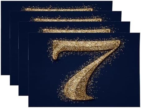 Golden 7 Placemats, Glittery Number On Navy Place Mats for Dining/Kitchen Table Waterproof Washable Linen Heat Insulation Dinner Table Mats 12×18 in 4 PCS Golden 7 Placemats, Glittery Number On Navy Place Mats for Dining/Kitchen Table Waterproof Washable Linen Heat Insulation Dinner Table Mats 12×18 in 4 PCS