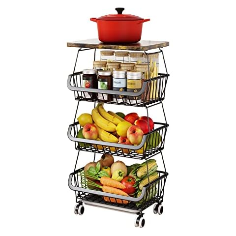 Carrito de almacenamiento de frutas y verduras con ruedas superiores de madera Cover