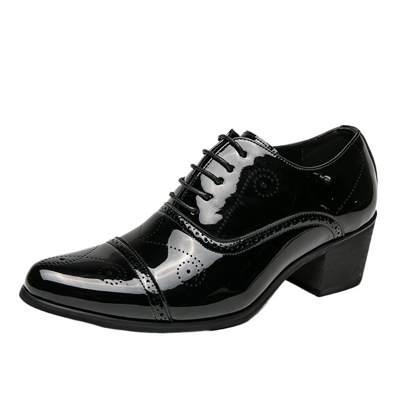 Men's Pointed Toe Leather Dress Shoes, Italian Leather High Heel Business Lace-up Shoes, Wedding & Party Shoes for Men