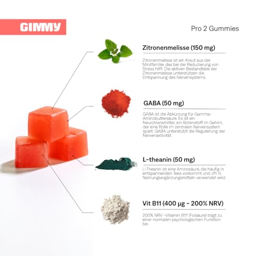 GIMMY No Stress Gummies – Nahrungsergänzungsmittel zur Stressreduktion mit Zitronenmelisse, L-Theanin, GABA und Folsäure (Vitamin B11). – Vegan, zuckerfrei und glutenfrei (60 Stück)