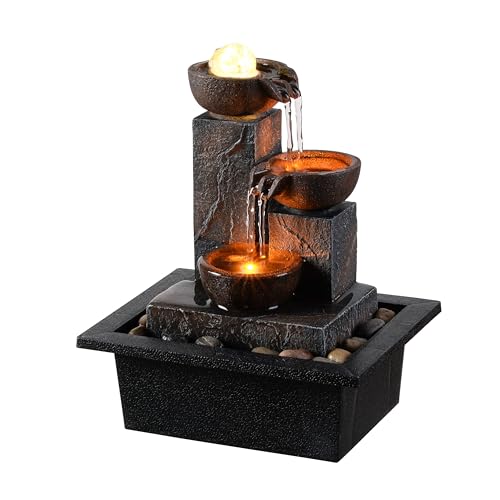 Tolevoit Three Bowls with Rotating Ball Flowing Tabletop Fountain Home Décor Indoor/Outdoor Decor Waterfall Sound Zen Mini Fountain Warm Led Light Pebbles Stone(23114)