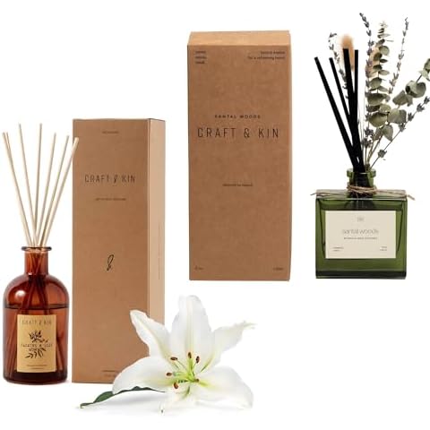 Craft & Kin Scented Reed Diffuser Bundle | Santal Woods & Jasmine-Lily Scented Reed Diffuser Sets | Elegant Home Fragrance Decor Cover