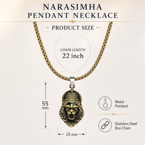 Image of M Men Style Narasimha Metal Pendant With 22 Inch Box Stainless Steel Chain | Lord Narshinha Trident Necklace | Hindu Religious Jewelry for Men & Women