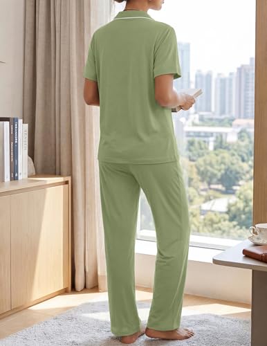 Image of ZMJ Womens Pajamas Sets 2 Piece Button Up Pj Sets Short Sleeve with Long Pant