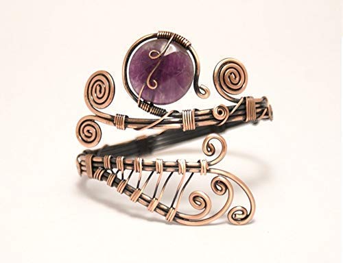 Copper Wire Wrapped Bracelet, Amethyst Cuff Bracelet, Solid Copper Bracelet with Gemstone, Copper Jewelry, Handmade Bracelet Women