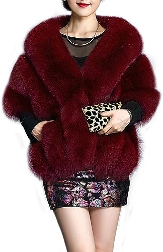 UMREN Womens Luxury Party Faux Fox Fur Long Shawl Cloak Cape for Winter Burgundy A