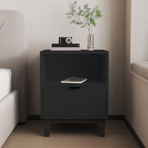 La Mejor Recopilación de Buro Madera al mejor precio. 50 MOBI Buró para Recámara Contemporáneo Tokio - 1 Cajón Color Negro - Largo 45cm x Alto 64cm - Mesa de Noche de Madera - Mueble Auxiliar