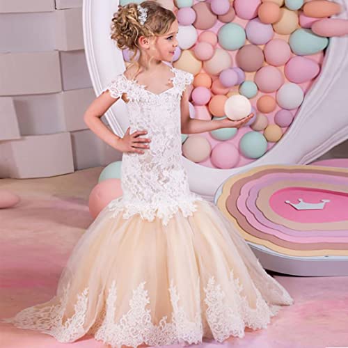 Mermaid Flower Girl Dresses for Wedding White Lace Champagne Tulle Kids Junior Birdesmaid Dress with Train2