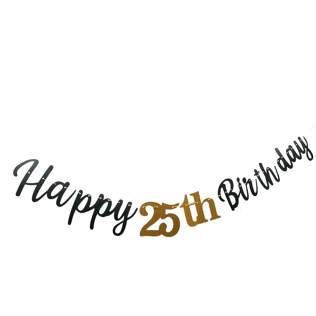 ABCpartyland Black Glitter Happy 25th Birthday Banner - Pre-Strung Party Decorations For Women