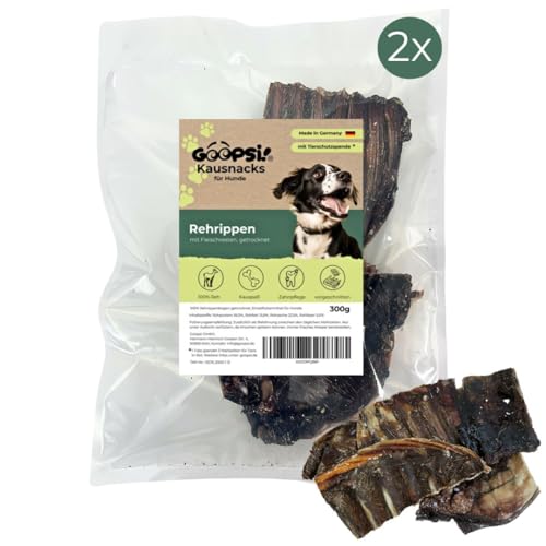 GOOPSI Rehrippen Hund getrocknet 2 x 300g gestückelt - Natur Kauartikel Hund unbehandelt mit Fleischresten - Kauspaß für Hunde - aus Deutschland