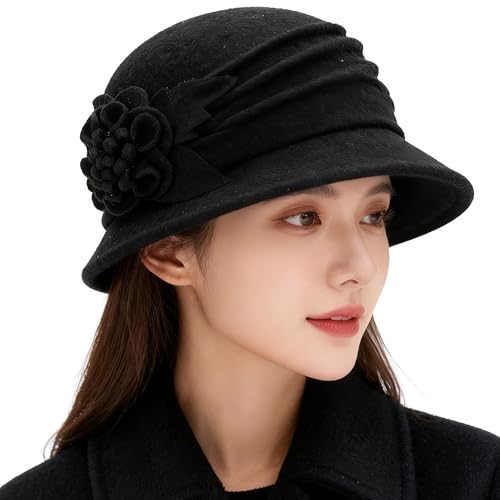 Bowknot Bucket Derby Fedora Hut – Klassischer Damenhut aus Filz, Kirche Derby Hut, Wolle-Schwarz, M/L