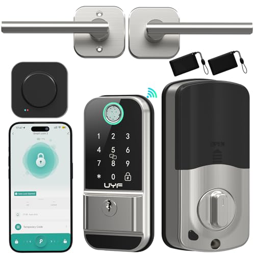 WiFi Smart Lock for Front Door: Silver Keyless Entry Door Lock Deadbolt with Handle Set UYF Fingerprint Electronic Keypad Door Lock Alexa Bluetooth Remote Control Code Auto Lock for Home Apartment