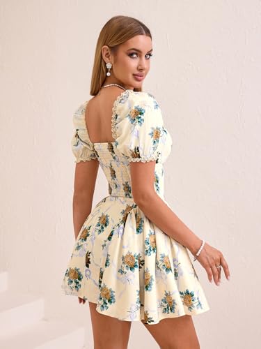 Image of Parthea Women's Floral Square Neck Mini Dress Lace Puff Sleeve Off Shoulder Smocked Flowy A Line Summer Dresses for 2026
