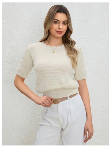 Verdusa Women's Puff Short Sleeve Knit Top Crew Neck Distressed Pullover Lightweight Sweaters3