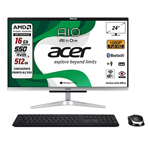 Acer All in One Ryzen 3 3250U, 512GB SSD, 16GB RAM, 24" FHD-Display, Win11 Pro, Suite Office, Wi-Fi, HDMI, LAN, WebCam, QWERTY CIRILLICO Layout mit STIKERS, bereit zur Verwendung – Bild 3