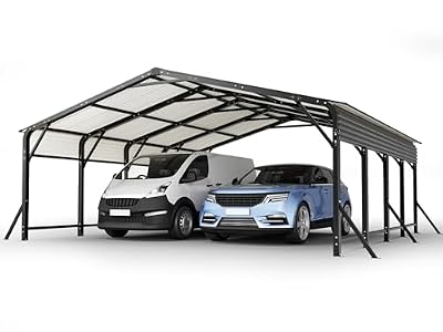 Metal Carport Garage 20×20ft Heavy Duty with Steel Roof & Enhanced Base, Large Heavy Duty Canopy Car Port, Outdoor Snowy Windy Capacity Carports for Car, Truck, Boat, Tractors, Party