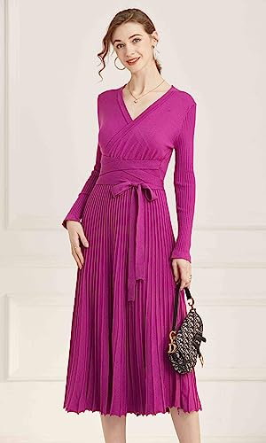 Image of Women's Long Sleeve Sweater Dress Ankle Length Fall Dress Vneck Knit Winter Dress