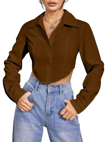 Image of GRECIILOOKS Women`s Oversized Fit Crop Top Shirt | Casual Long Sleev Stylish Collared Shirts for Womens | Comfortable Rich Korean Button Down | Formal Look Stylish Trendy Shirts